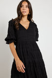 Ivy & Jack Dreamy Black Bubble SS Button Front Tiered Maxi Dress