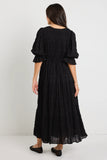 Ivy & Jack Dreamy Black Bubble SS Button Front Tiered Maxi Dress