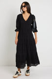 Ivy & Jack Dreamy Black Bubble SS Button Front Tiered Maxi Dress