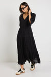 Ivy & Jack Dreamy Black Bubble SS Button Front Tiered Maxi Dress