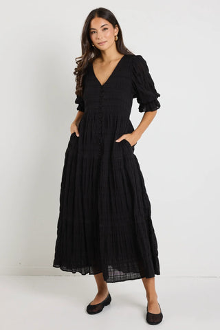 Ivy & Jack Dreamy Black Bubble SS Button Front Tiered Maxi Dress